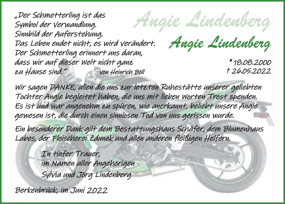  Traueranzeige für Angie Lindenberg vom 02.07.2022 aus Märkischen Allgemeine Zeitung