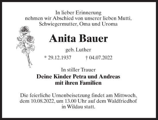 Traueranzeige von Anita Bauer von Märkischen Allgemeine Zeitung