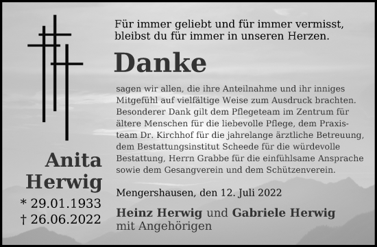 Traueranzeige von Anita Herwig von Göttinger Tageblatt