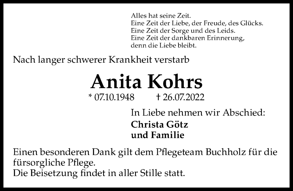  Traueranzeige für Anita Kohrs vom 30.07.2022 aus Hannoversche Allgemeine Zeitung/Neue Presse