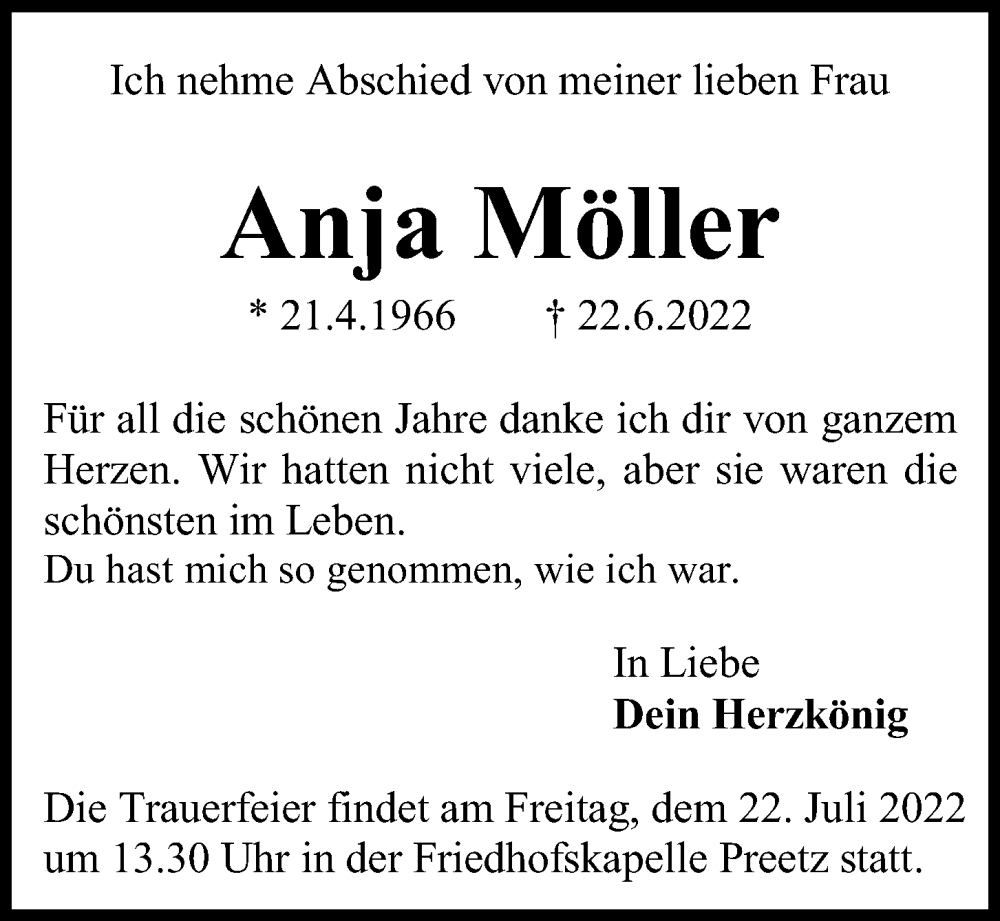  Traueranzeige für Anja Möller vom 09.07.2022 aus Kieler Nachrichten