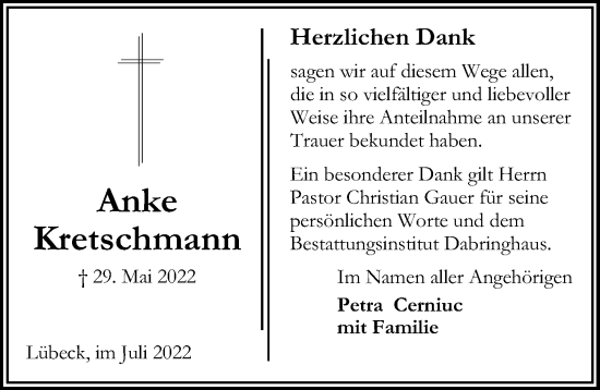 Traueranzeige von Anke Kretschmann von Lübecker Nachrichten
