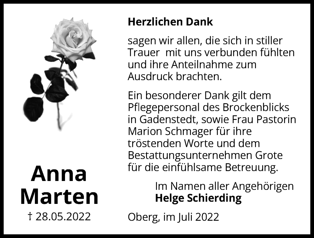  Traueranzeige für Anna Marten vom 16.07.2022 aus Peiner Allgemeine Zeitung