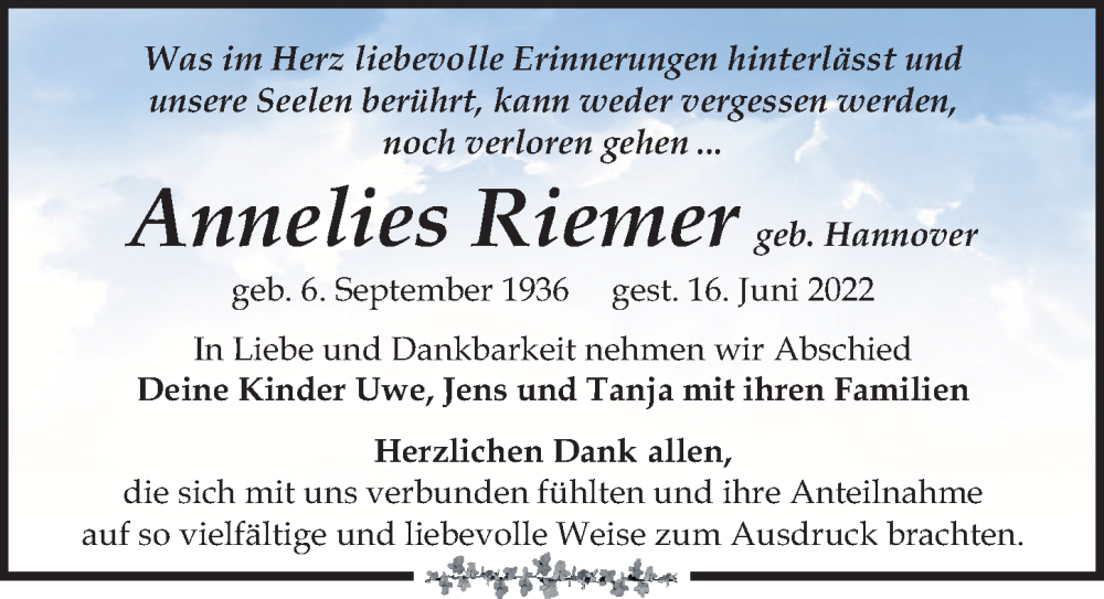  Traueranzeige für Annelies Riemer vom 02.07.2022 aus Leipziger Volkszeitung