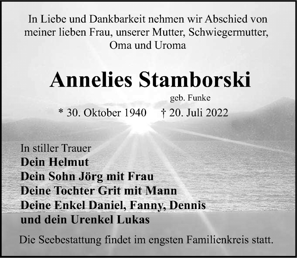  Traueranzeige für Annelies Stamborski vom 23.07.2022 aus Ostsee-Zeitung GmbH