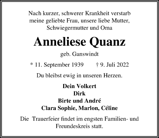 Traueranzeige von Anneliese Quanz von Lübecker Nachrichten