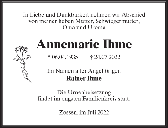 Traueranzeige von Annemarie Ihme von Märkischen Allgemeine Zeitung