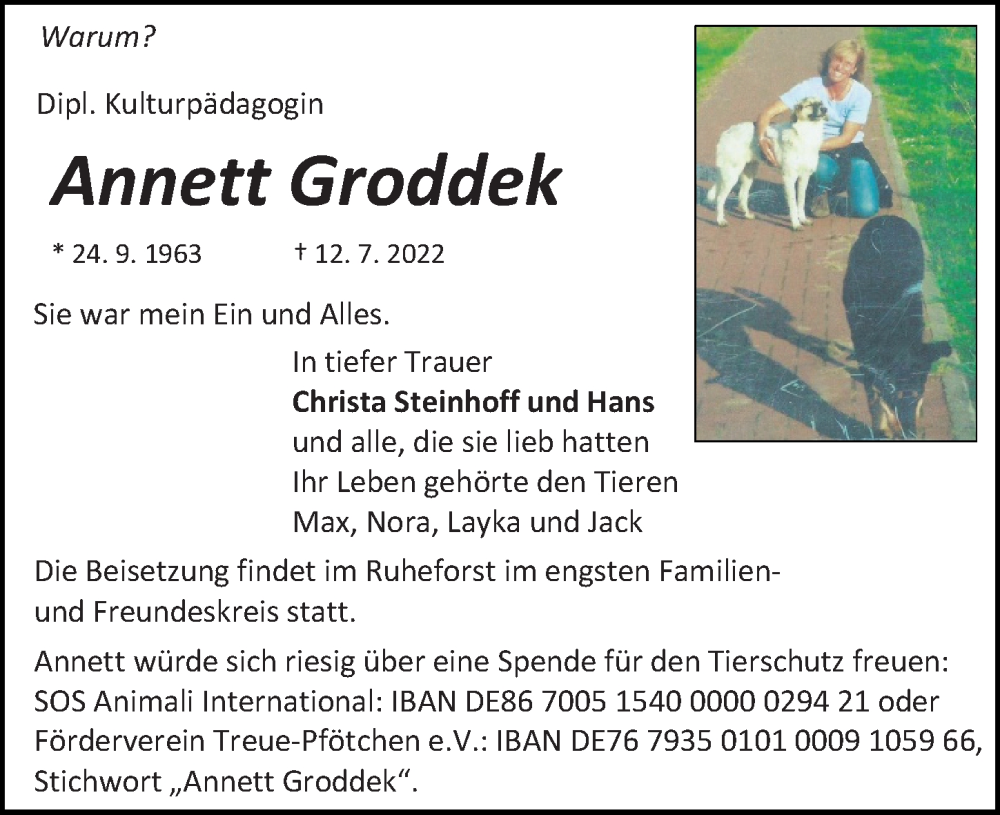  Traueranzeige für Annett Groddek vom 16.07.2022 aus Hannoversche Allgemeine Zeitung/Neue Presse