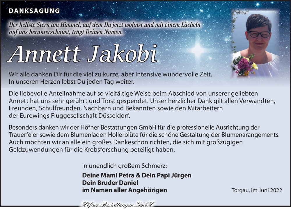  Traueranzeige für Annett Jakobi vom 02.07.2022 aus Torgauer Zeitung