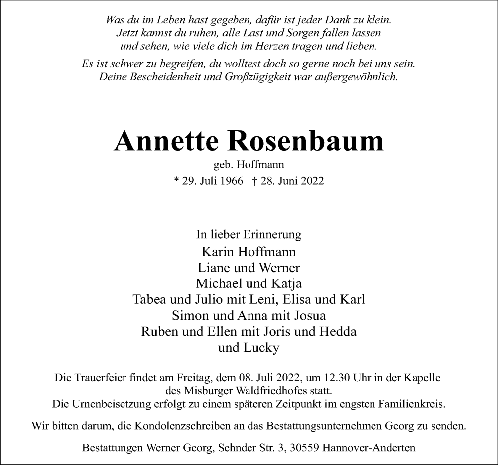  Traueranzeige für Annette Rosenbaum vom 02.07.2022 aus Hannoversche Allgemeine Zeitung/Neue Presse