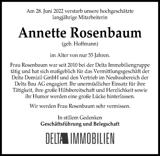 Traueranzeige von Annette Rosenbaum von Hannoversche Allgemeine Zeitung/Neue Presse