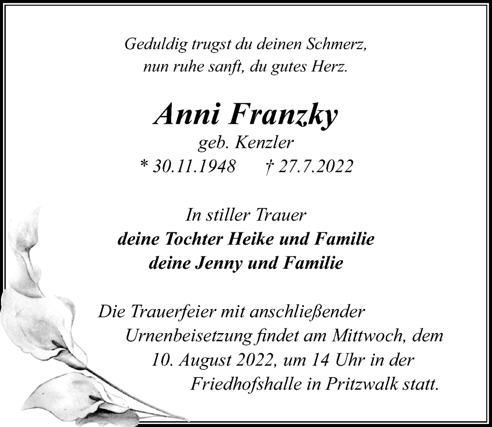  Traueranzeige für Anni Franzky vom 30.07.2022 aus Märkischen Allgemeine Zeitung