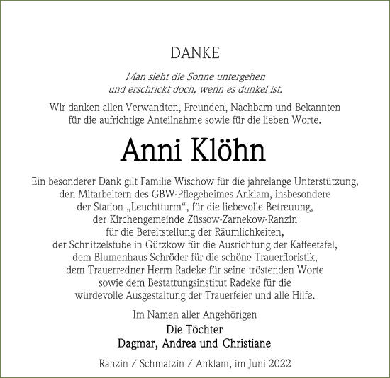 Traueranzeige von Anni Klöhn von Ostsee-Zeitung GmbH