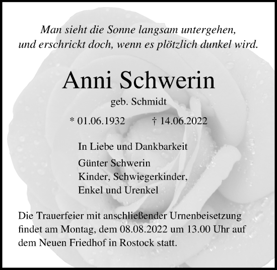 Traueranzeige von Anni Schwerin von Ostsee-Zeitung GmbH