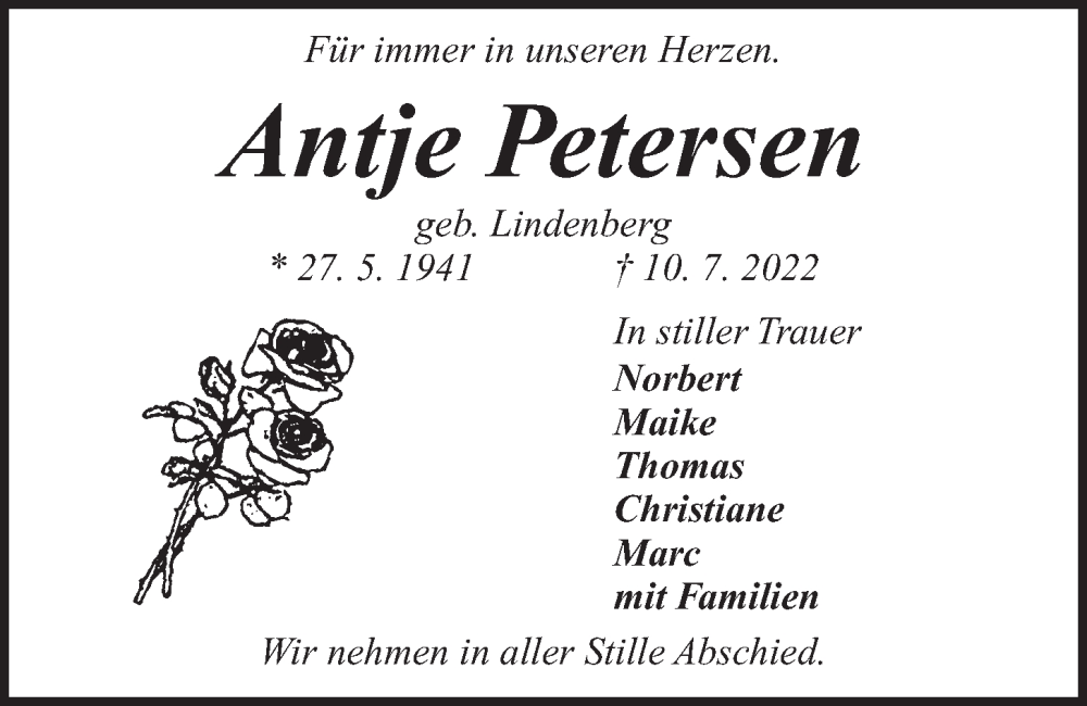  Traueranzeige für Antje Petersen vom 16.07.2022 aus Kieler Nachrichten