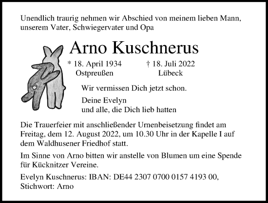 Traueranzeige von Arno Kuschnerus von Lübecker Nachrichten