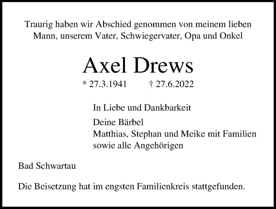 Traueranzeige von Axel Drews von Lübecker Nachrichten