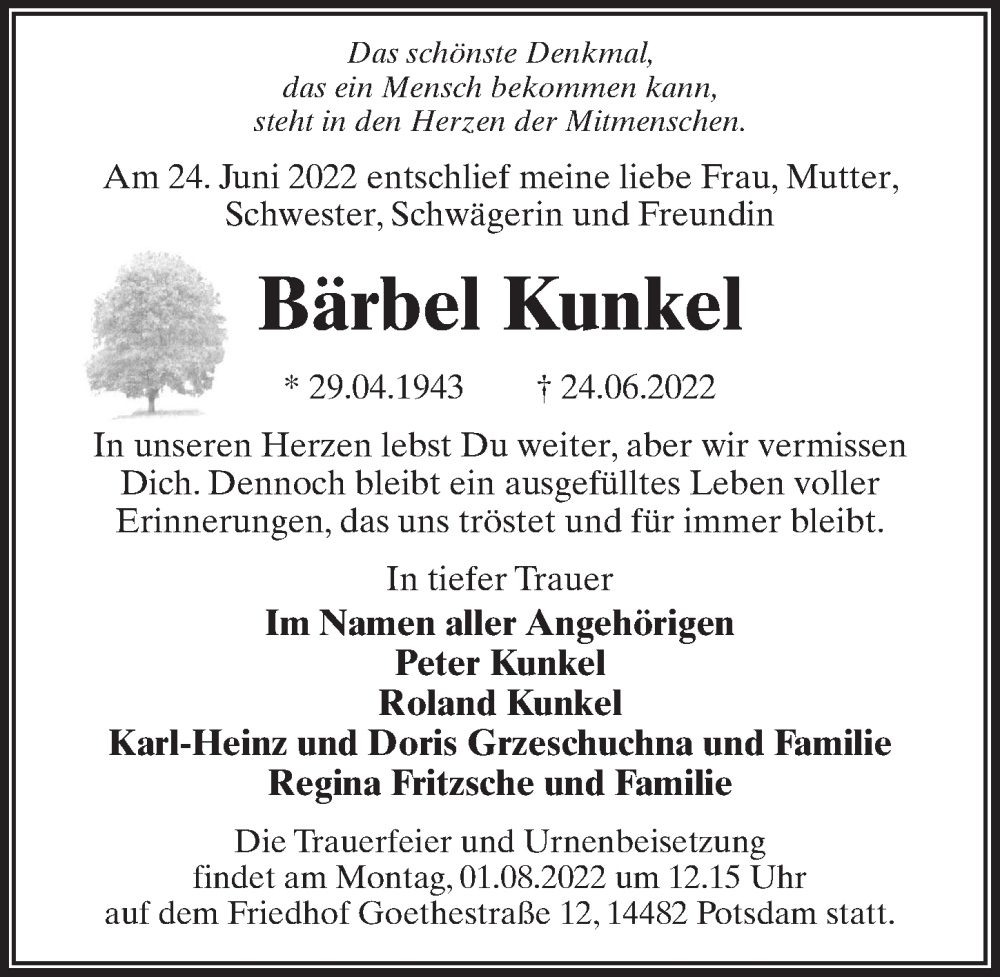  Traueranzeige für Bärbel Kunkel vom 23.07.2022 aus Märkischen Allgemeine Zeitung