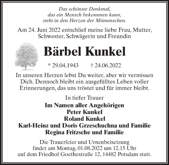 Traueranzeige von Bärbel Kunkel von Märkischen Allgemeine Zeitung