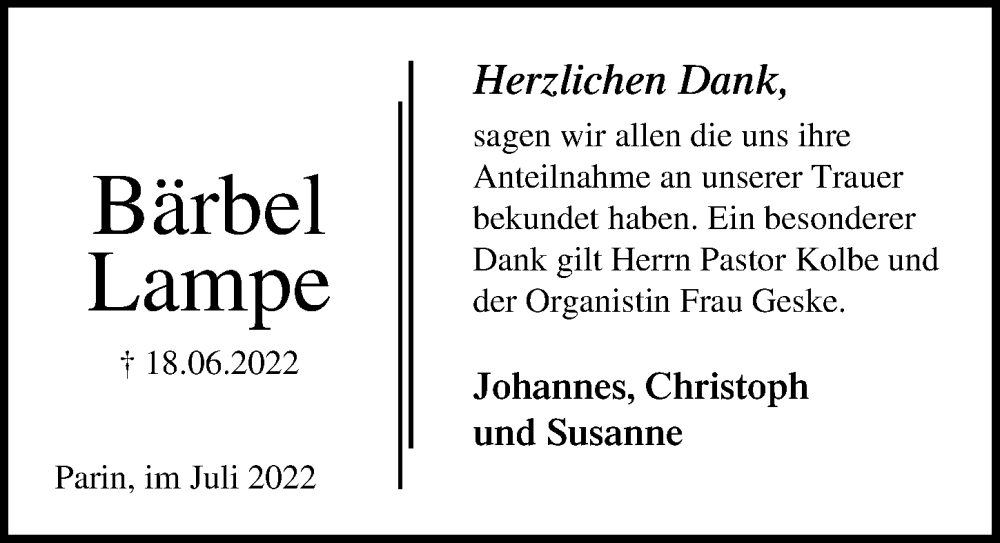  Traueranzeige für Bärbel Lampe vom 10.07.2022 aus Lübecker Nachrichten