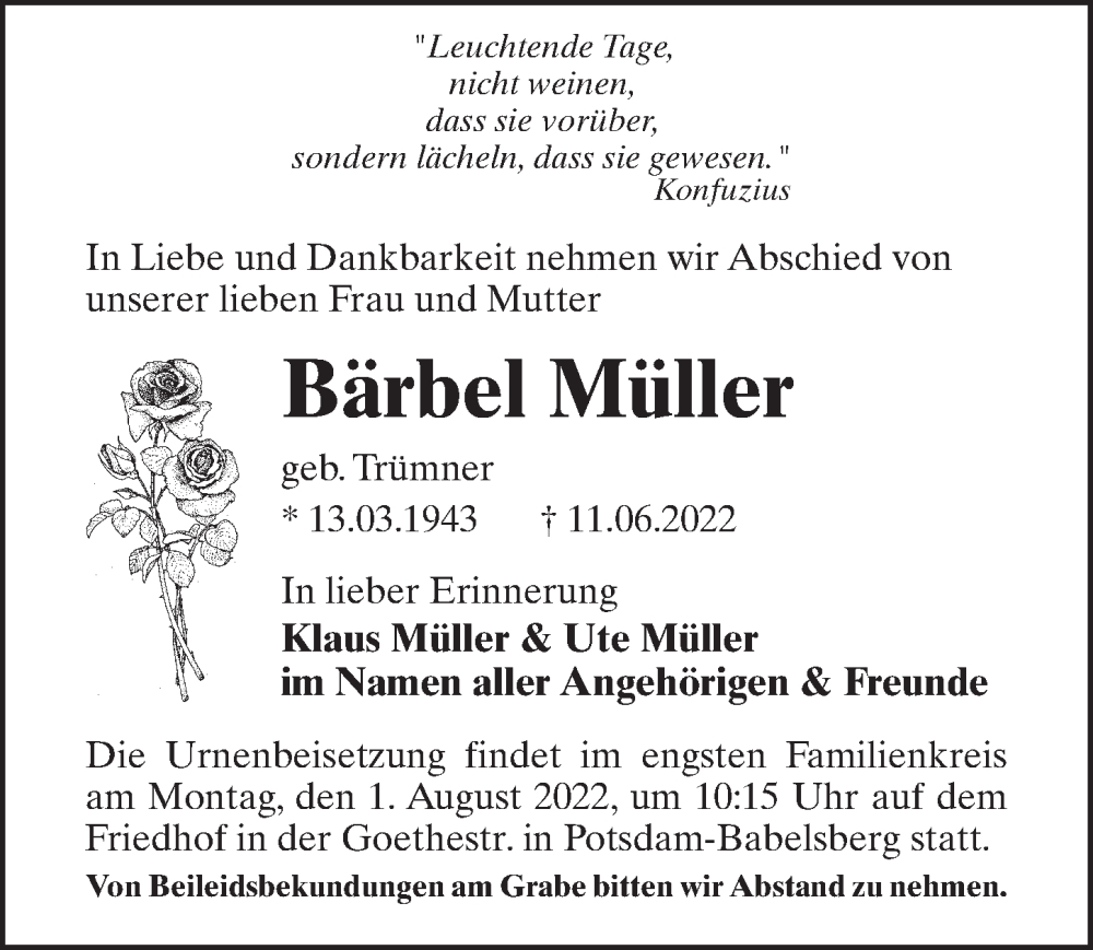  Traueranzeige für Bärbel Müller vom 16.07.2022 aus Märkischen Allgemeine Zeitung