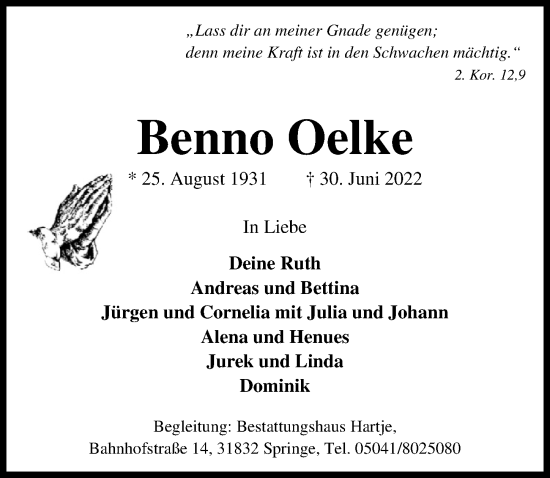 Traueranzeige von Benno Oelke von Hannoversche Allgemeine Zeitung/Neue Presse