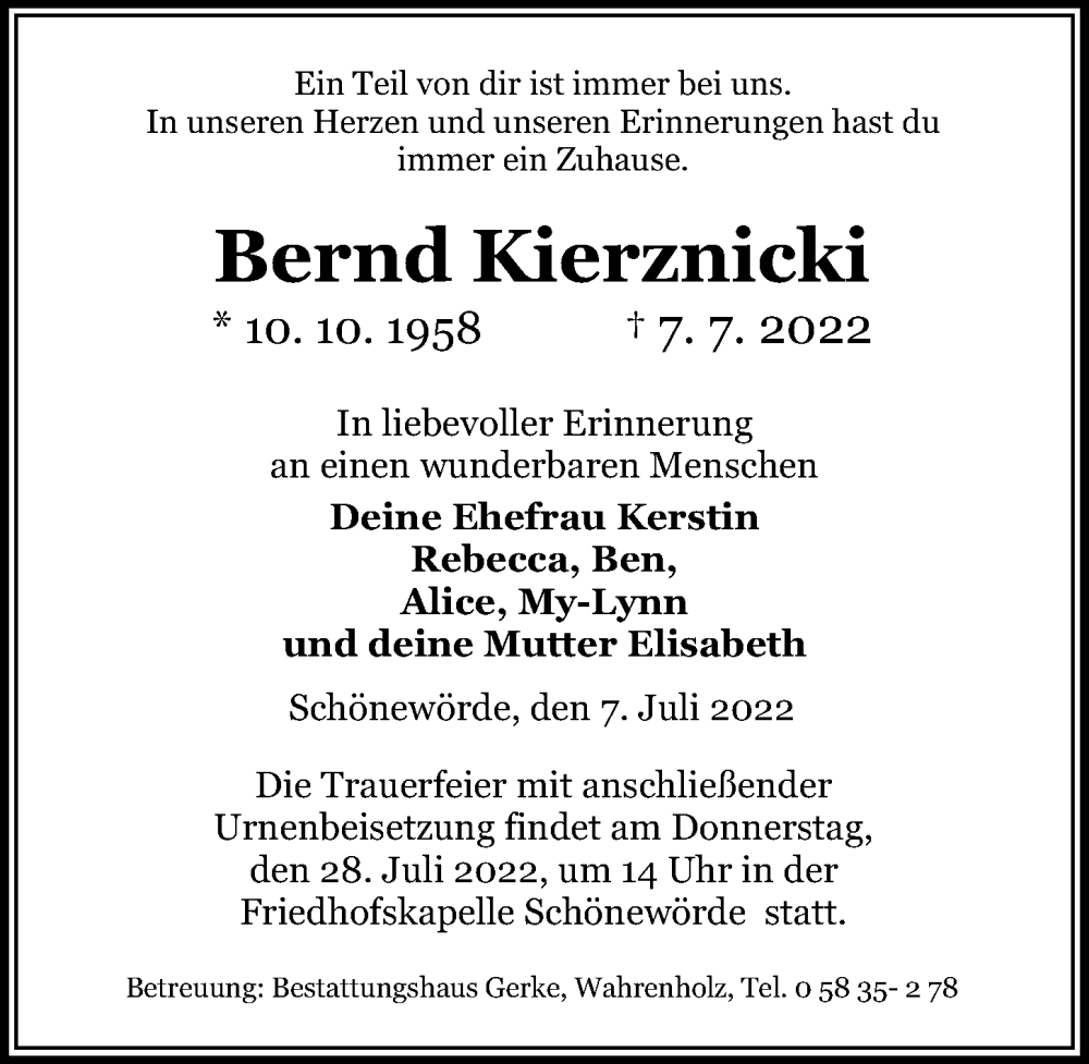  Traueranzeige für Bernd Kierznicki vom 23.07.2022 aus Aller Zeitung