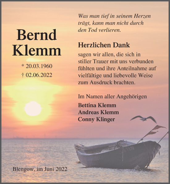 Traueranzeige von Bernd Klemm von Ostsee-Zeitung GmbH