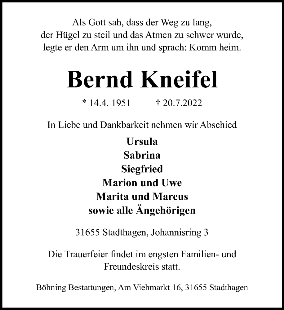  Traueranzeige für Bernd Kneifel vom 23.07.2022 aus Schaumburger Nachrichten