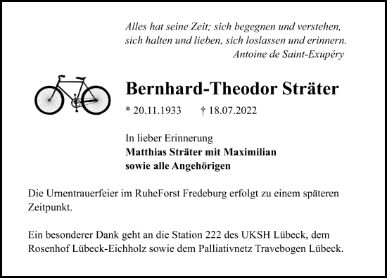Traueranzeige von Bernhard-Theodor Sträter von Lübecker Nachrichten
