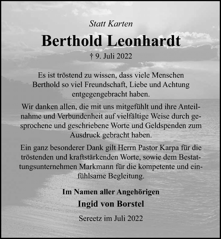  Traueranzeige für Berthold Leonhardt vom 31.07.2022 aus Lübecker Nachrichten