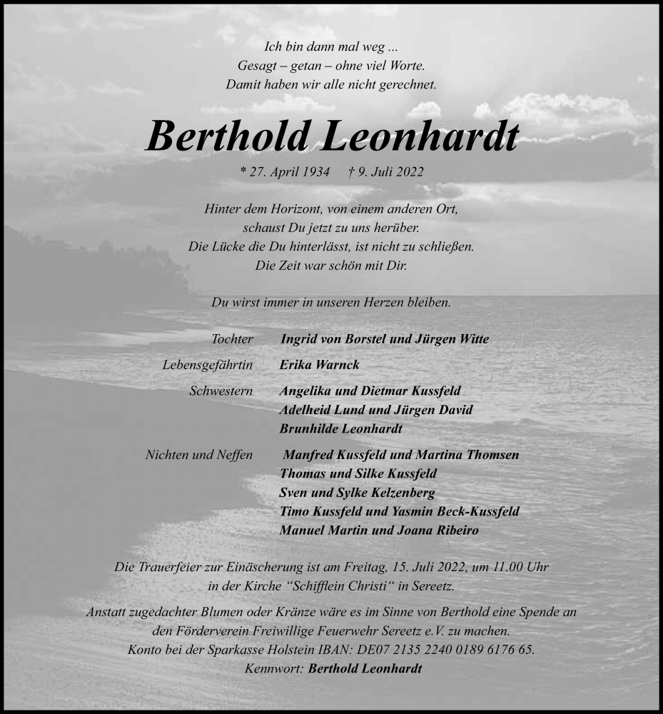 Traueranzeige für Berthold Leonhardt vom 13.07.2022 aus Lübecker Nachrichten