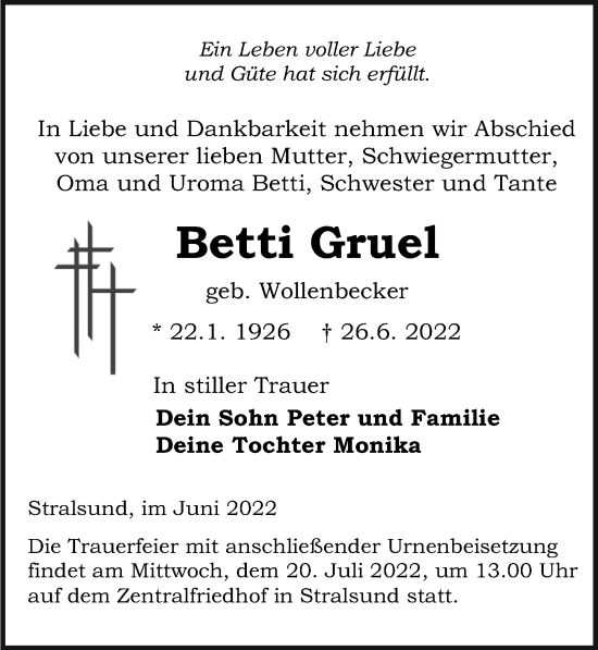 Traueranzeige von Betti Gruel von Ostsee-Zeitung GmbH