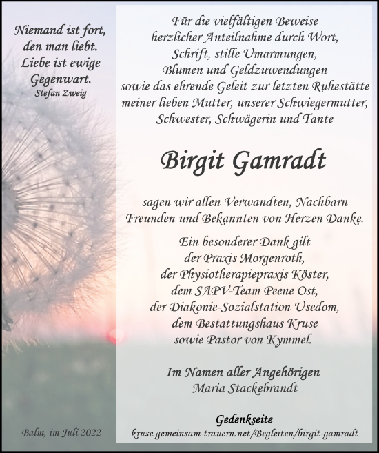 Traueranzeige von Birgit Gamradt von Ostsee-Zeitung GmbH