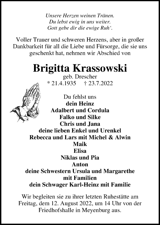 Traueranzeige von Brigitta Krassowski von Märkischen Allgemeine Zeitung