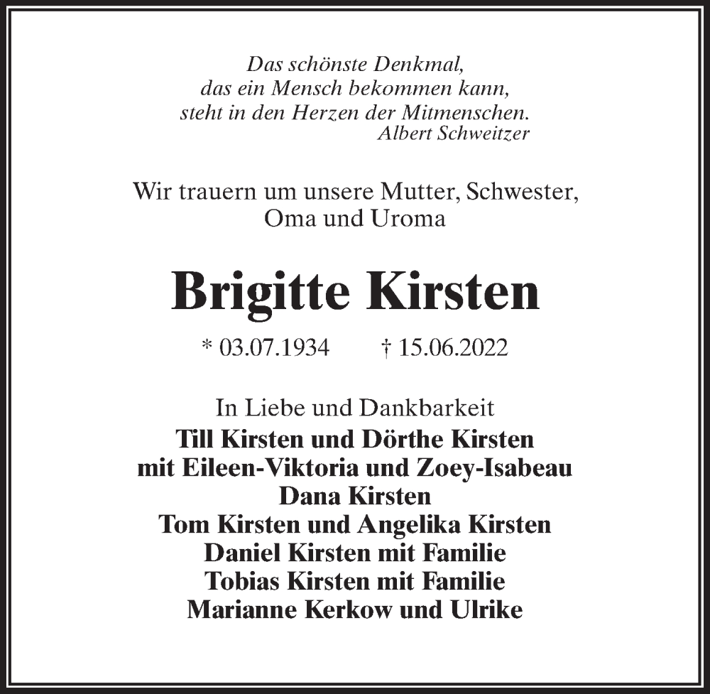  Traueranzeige für Brigitte Kirsten vom 16.07.2022 aus Märkischen Allgemeine Zeitung