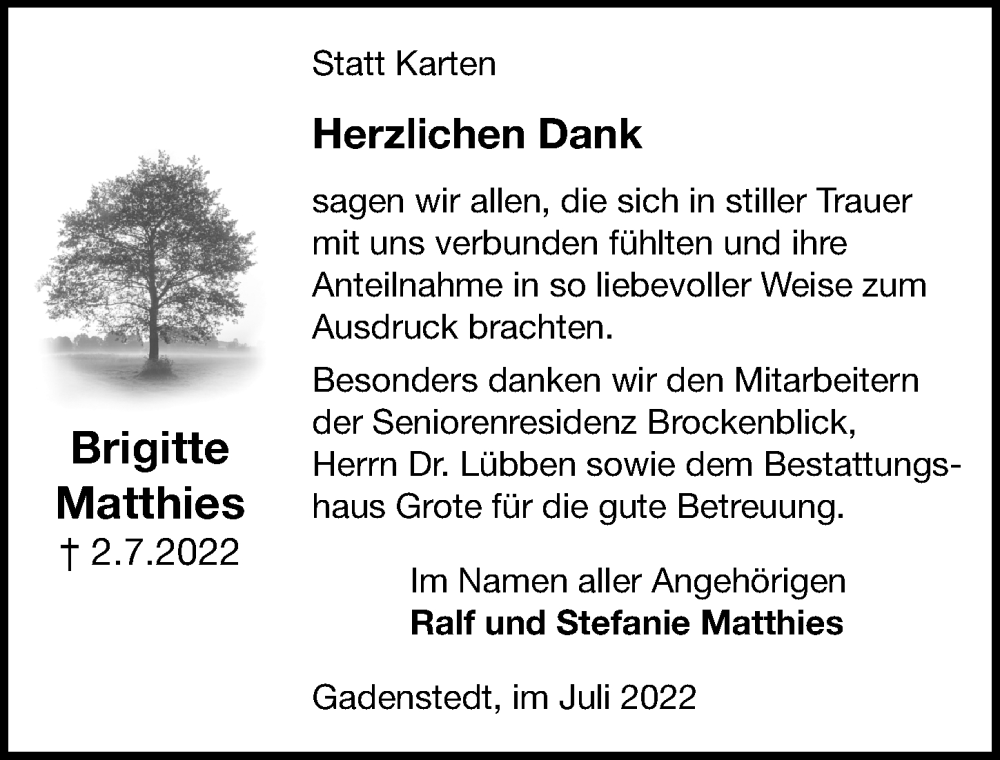  Traueranzeige für Brigitte Matthies vom 23.07.2022 aus Peiner Allgemeine Zeitung