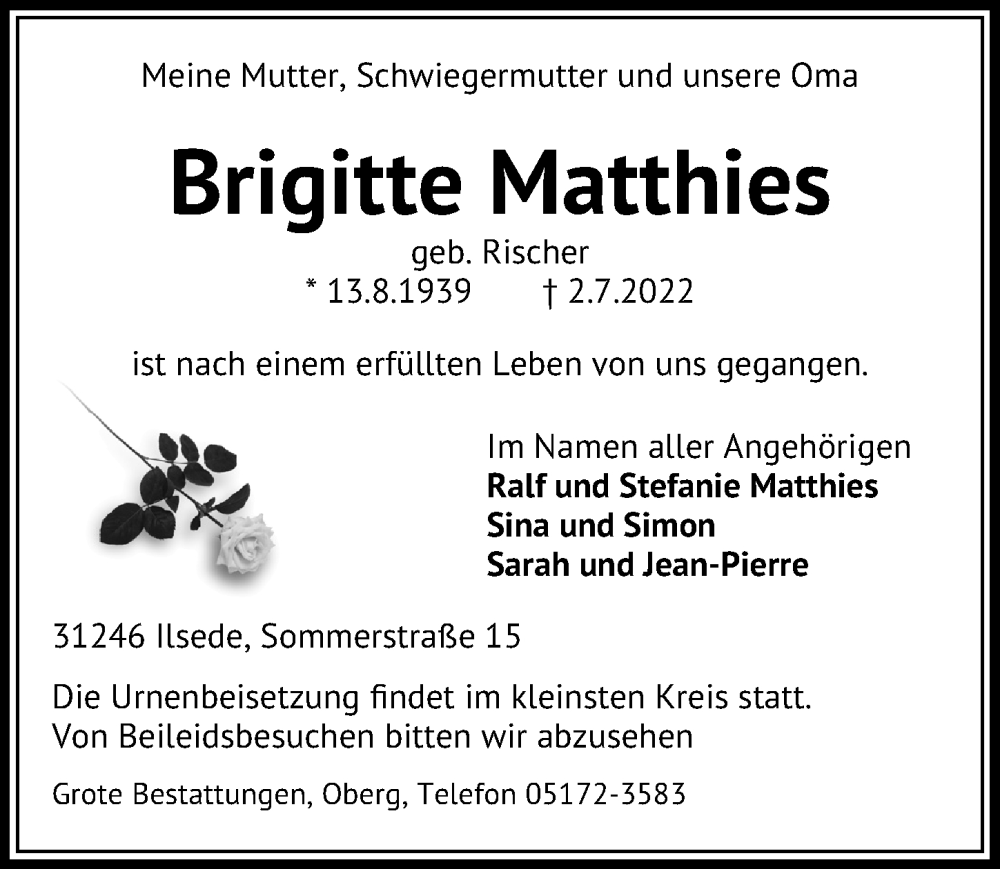  Traueranzeige für Brigitte Matthies vom 06.07.2022 aus Peiner Allgemeine Zeitung