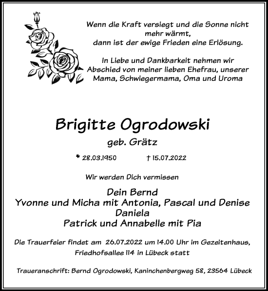 Traueranzeige von Brigitte Ogrodowski von Lübecker Nachrichten