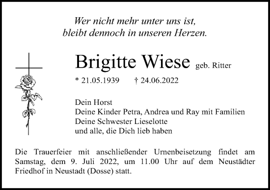 Traueranzeige von Brigitte Wiese von Märkischen Allgemeine Zeitung