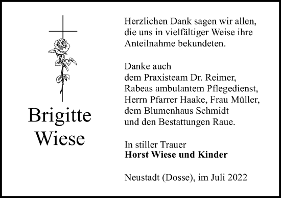 Traueranzeige von Brigitte Wiese von Märkischen Allgemeine Zeitung