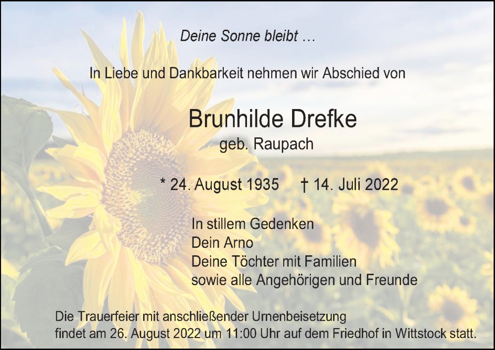  Traueranzeige für Brunhilde Drefke vom 30.07.2022 aus Märkischen Allgemeine Zeitung