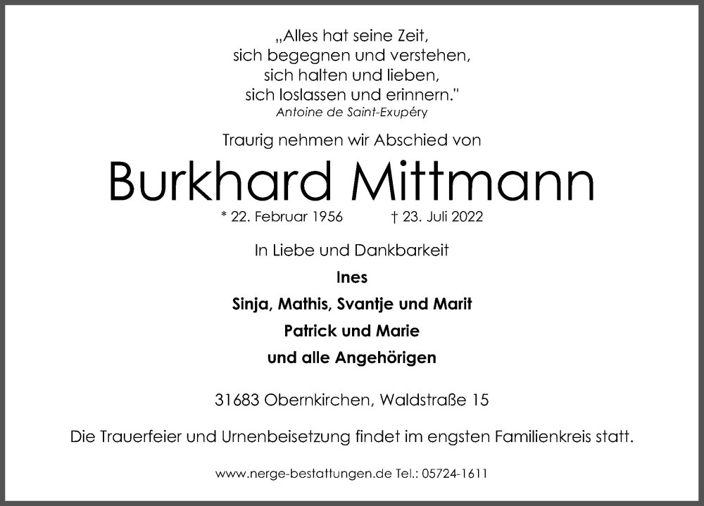  Traueranzeige für Burkhard Mittmann vom 30.07.2022 aus Schaumburger Nachrichten