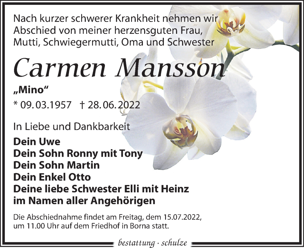  Traueranzeige für Carmen Mansson vom 02.07.2022 aus Leipziger Volkszeitung