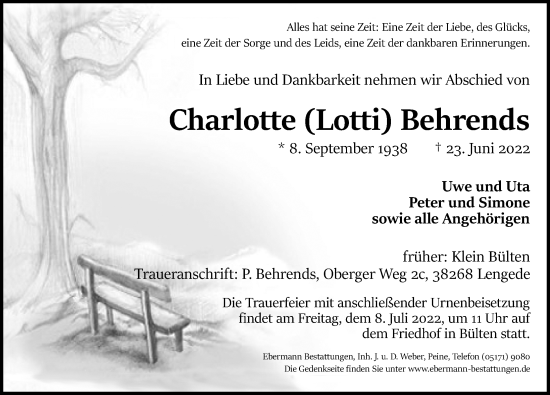 Traueranzeige von Charlotte Behrends von Peiner Allgemeine Zeitung