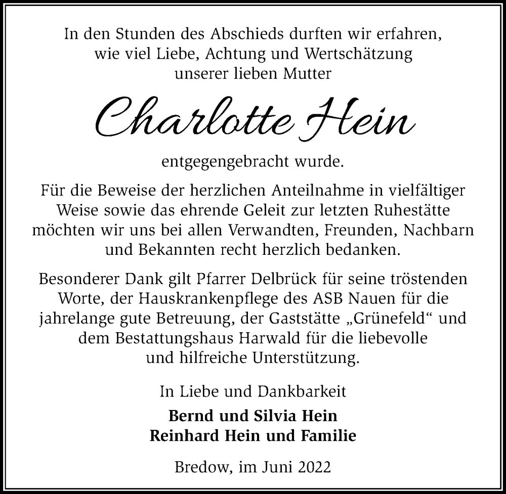  Traueranzeige für Charlotte Hein vom 02.07.2022 aus Märkischen Allgemeine Zeitung