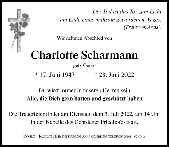 Traueranzeige von Charlotte Scharmann von Hannoversche Allgemeine Zeitung/Neue Presse