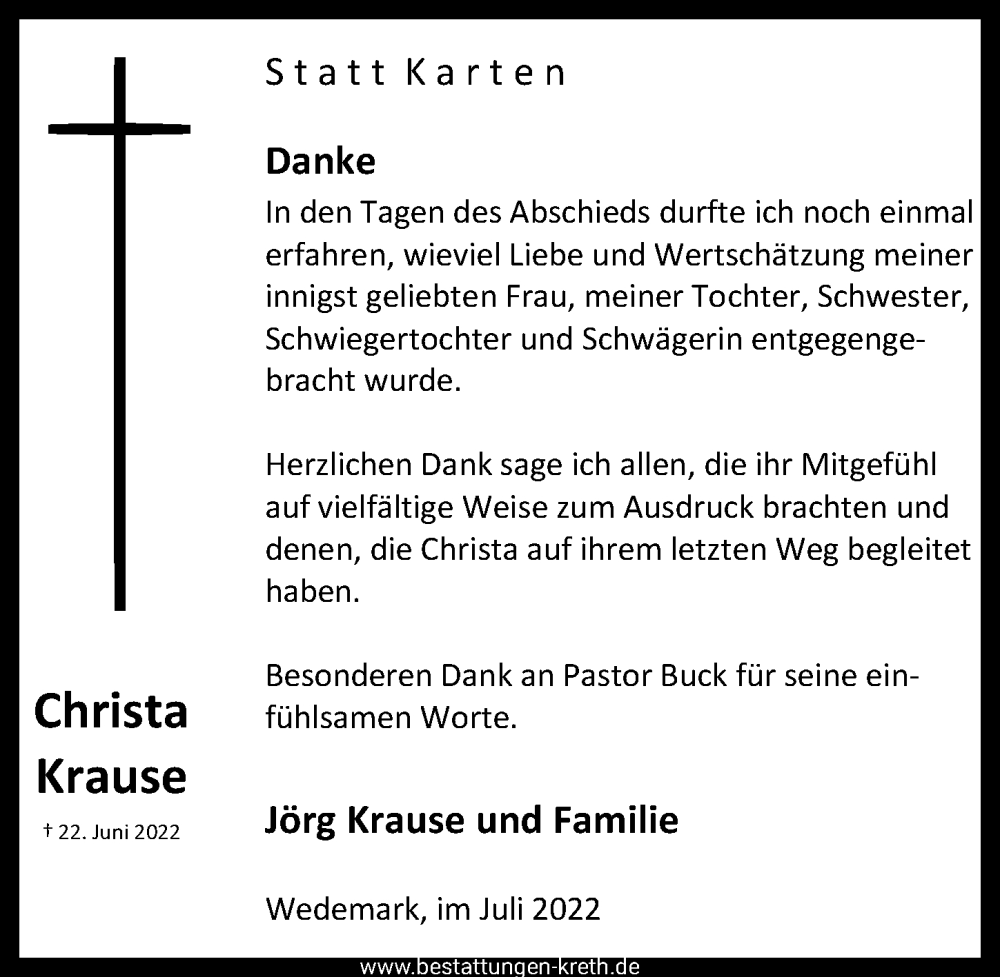  Traueranzeige für Christa Krause vom 16.07.2022 aus Hannoversche Allgemeine Zeitung/Neue Presse