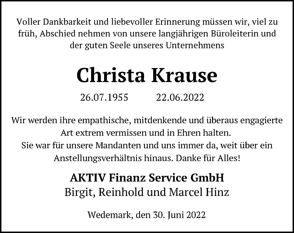  Traueranzeige für Christa Krause vom 02.07.2022 aus Hannoversche Allgemeine Zeitung/Neue Presse