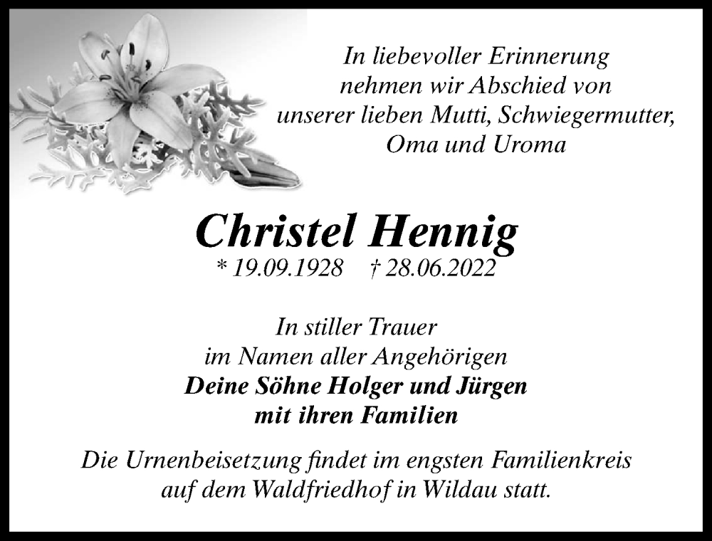  Traueranzeige für Christel Hennig vom 02.07.2022 aus Märkischen Allgemeine Zeitung